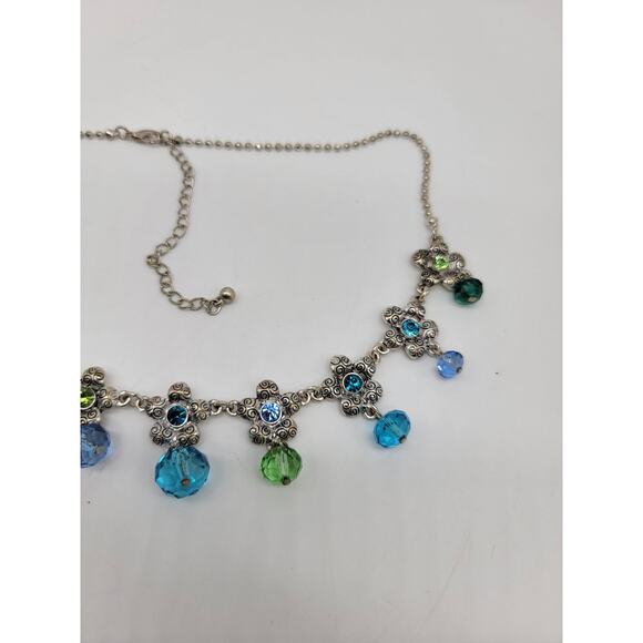Silver Tone Beaded Pendant Necklace Crystal Charm Statement Necklace Blue Green - Picture 3 of 8